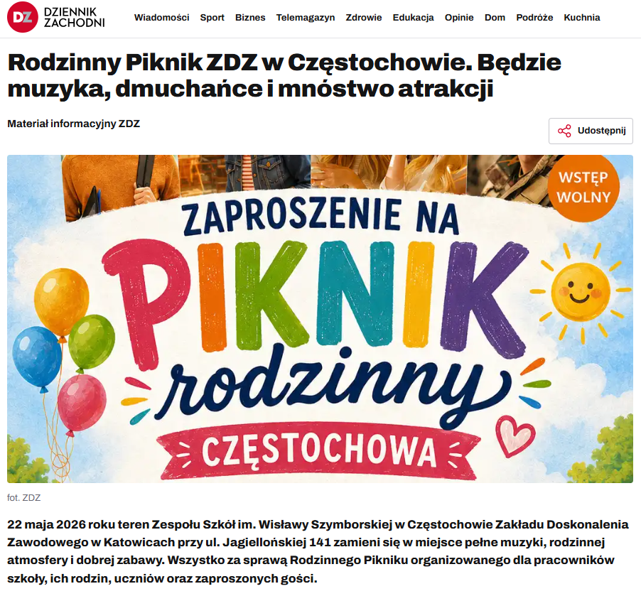 plakat na piknik rodzinny ZDZ w Częstochowie