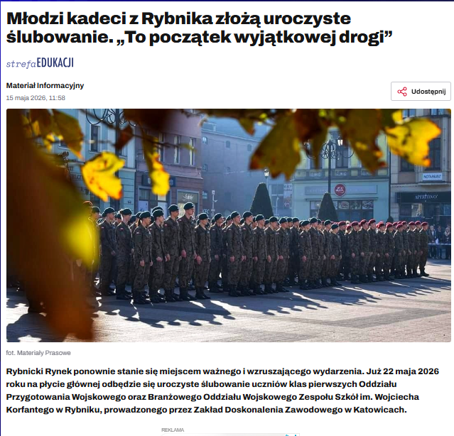 ślubowanie uczniów klas pierwszych Oddziału Przygotowania Wojskowego oraz Branżowego Oddziału Wojskowego Zespołu Szkół im. Wojciecha Korfantego w Rybniku