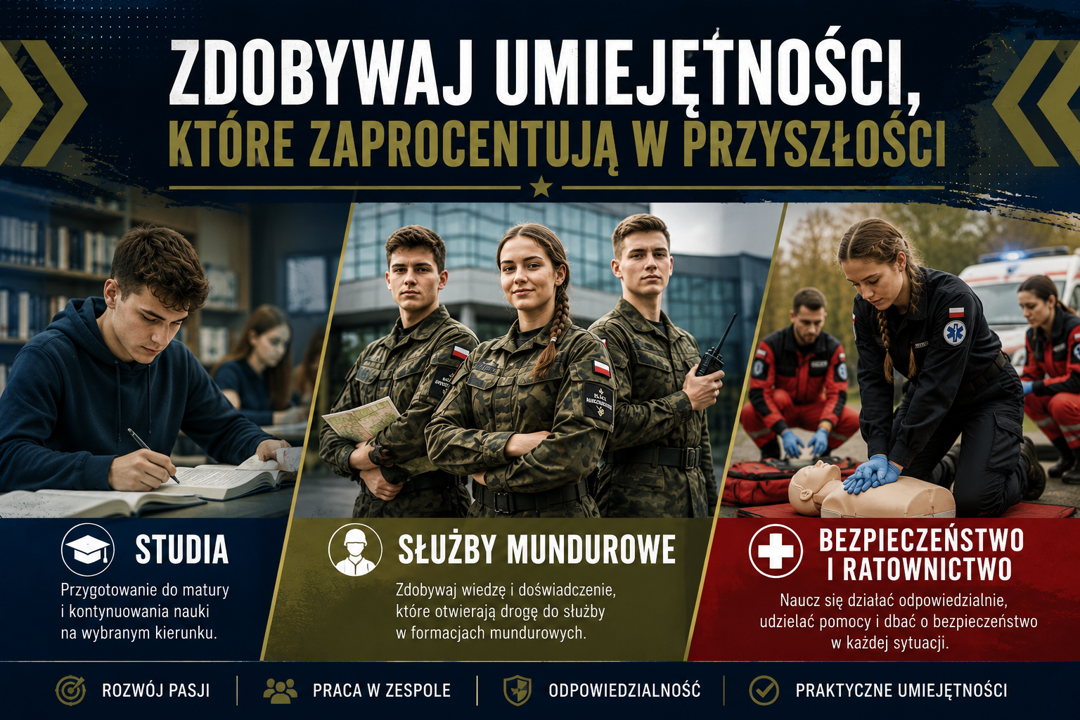 Liceum Og&oacute;lnokształcące w Kętach ZDZ w Katowicach - Oddział Przygotowania Mundurowego &ndash; przygotowanie do studi&oacute;w, służb mundurowych, ratownictwa i zawod&oacute;w związanych z bezpieczeństwem.