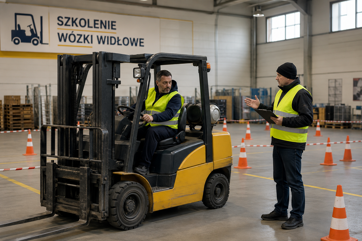 Alt: Kursant podczas praktycznego szkolenia na w&oacute;zki widłowe w Sosnowcu