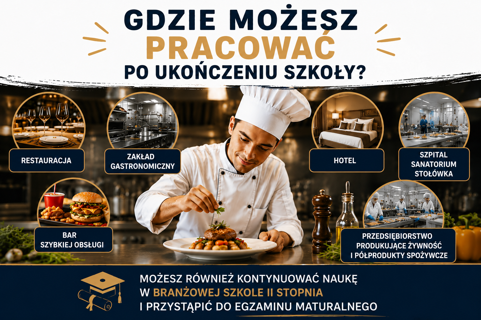Możliwości zatrudnienia po ukończeniu nauki w zawodzie kucharz – restauracje, gastronomia, hotele, stołówki i przedsiębiorstwa spożywcze.