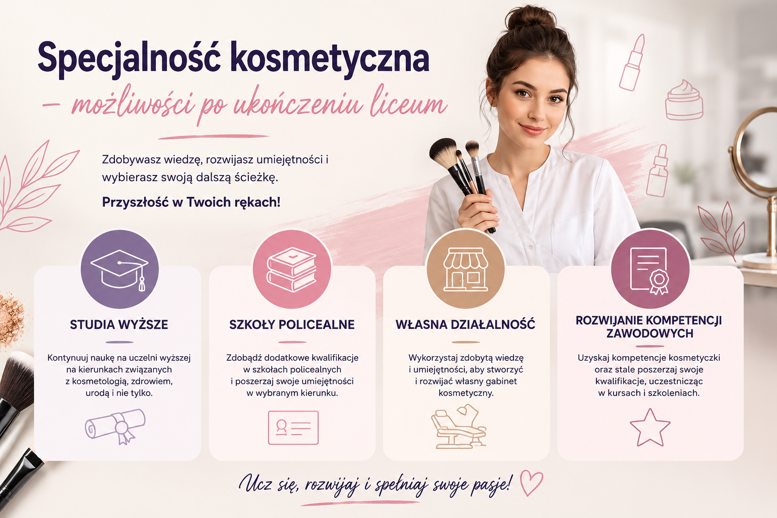 Liceum Og&oacute;lnokształcące w Kętach ze specjalnością kosmetyczną &ndash; studia, szkoły policealne, rozw&oacute;j kompetencji kosmetyczki, dalsze kształcenie i możliwości rozwoju w kosmetyce oraz wizażu.