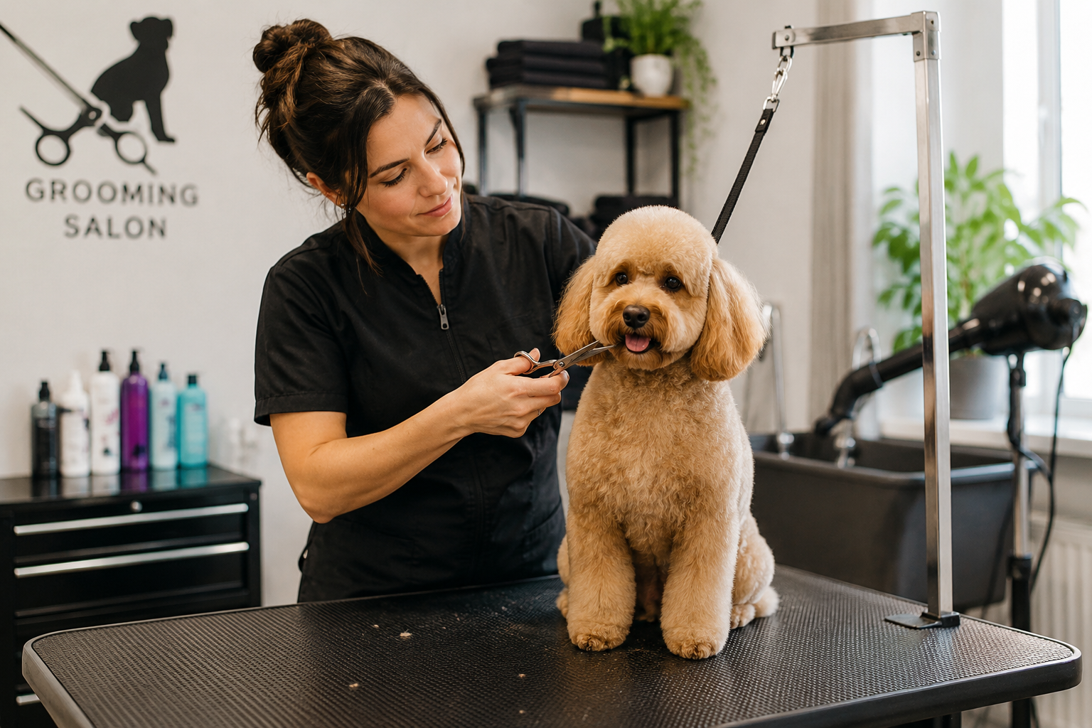 ALT: Groomer podczas profesjonalnej pielęgnacji psa w salonie groomerskim