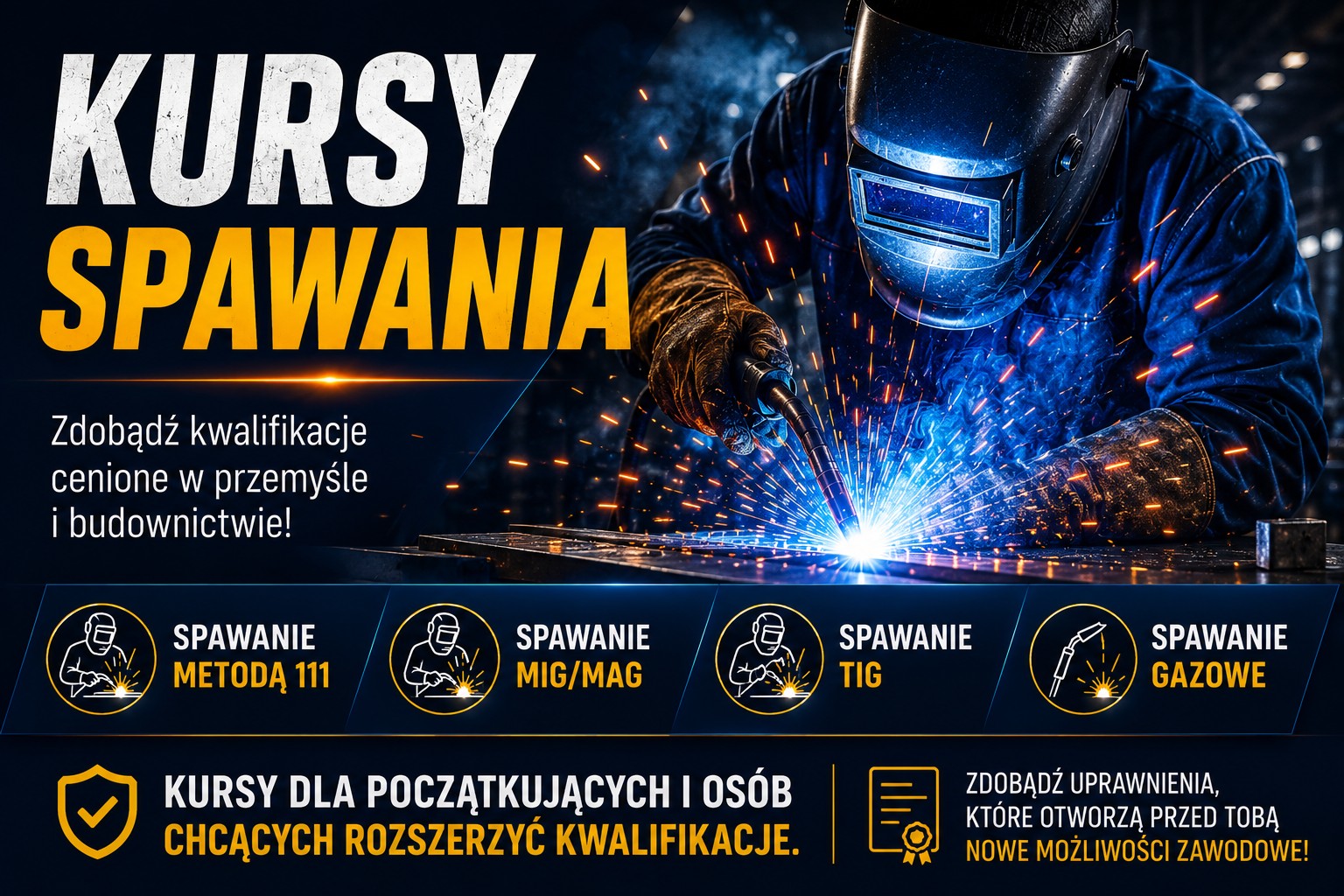 Kursy spawania TIG, MIG/MAG i MMA OKZ w Bytomiu &ndash; szkolenie przygotowujące do egzaminu spawalniczego, zdobycia uprawnień oraz rozwoju kariery zawodowej w branży przemysłowej.