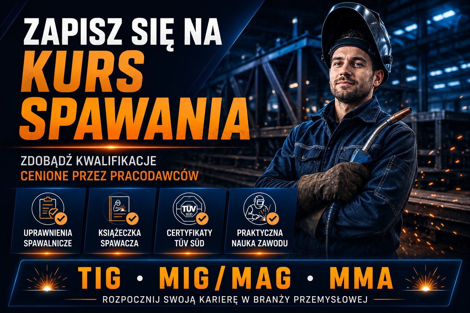 Kursy spawania TIG, MIG/MAG i MMA OKZ w Bytomiu &ndash; zdobywanie uprawnień spawalniczych, książeczki spawacza, certyfikat&oacute;w T&Uuml;V S&Uuml;D oraz przygotowanie do pracy w przemyśle, produkcji i budownictwie.