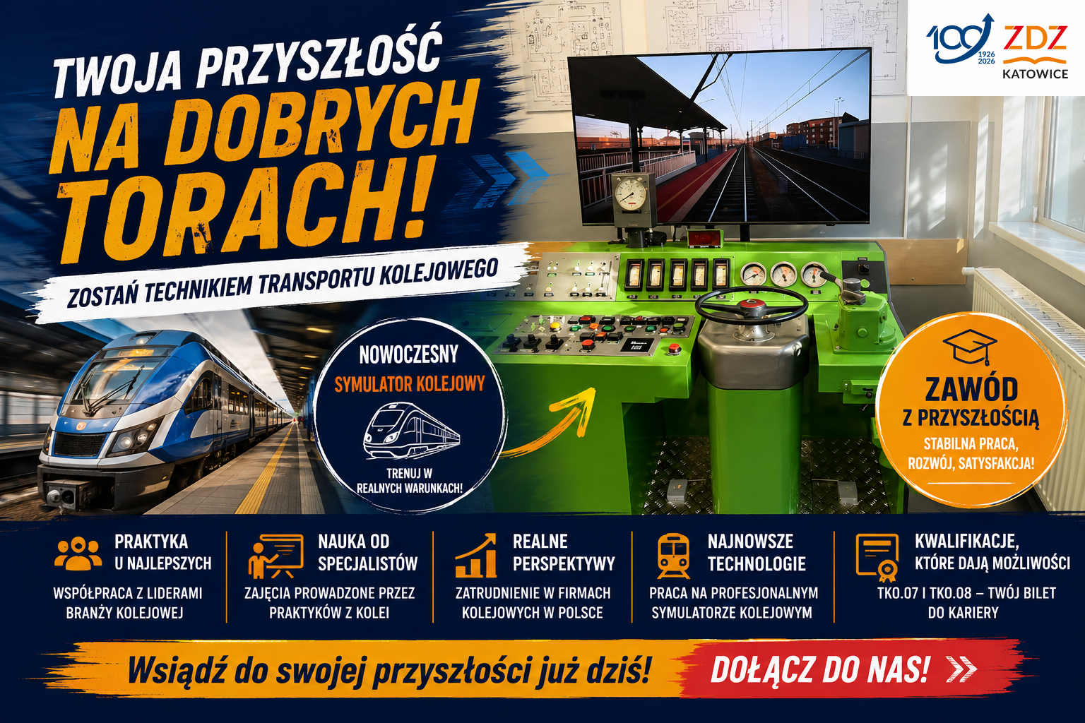 Technik transportu kolejowego – nauka na symulatorze kolejowym, organizacja ruchu pociągów, przewozy kolejowe, kwalifikacje TKO.07 i TKO.08, praktyki zawodowe i kariera w branży kolejowej, Technikum w Żywcu ZDZ w Katowicach.