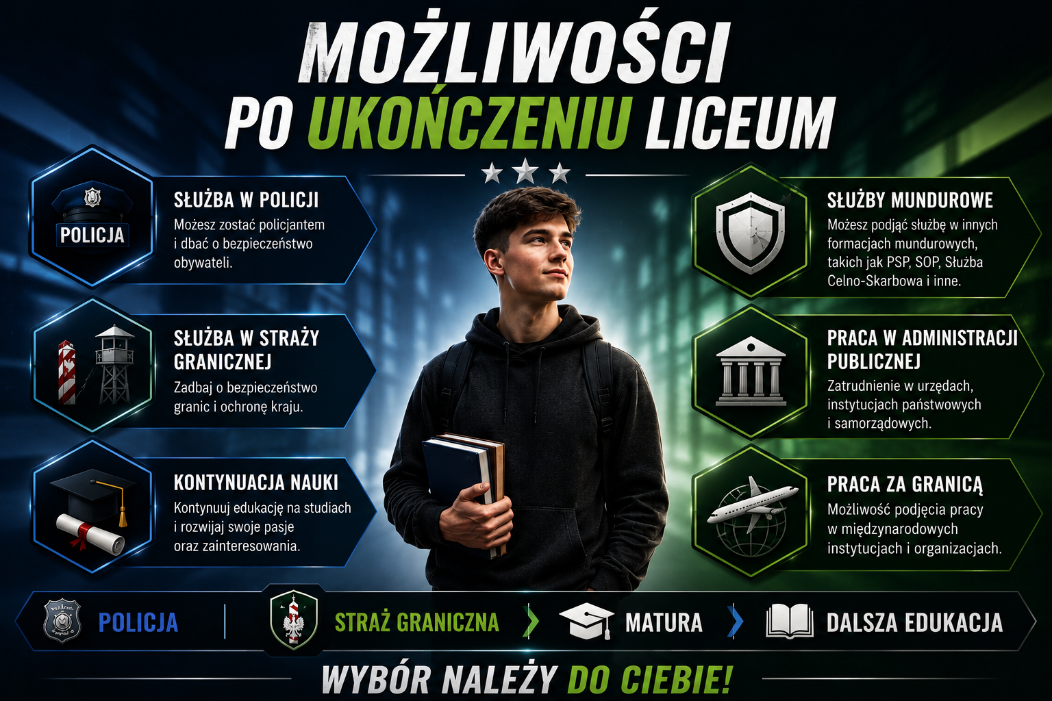 Możliwości po ukończeniu Liceum Ogólnokształcącego Oddziału Przygotowania Mundurowego (OPM) w Częstochowie ZDZ w Katowicach – służba w Policji, służba w Straży Granicznej, dalsza edukacja, studia wyższe oraz inne możliwości rozwoju po ukończeniu liceum mundurowego.