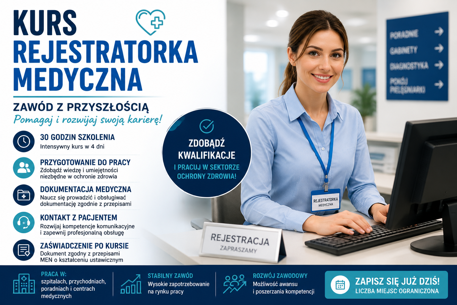 Kurs Rejestratorka Medyczna w Zabrzu – przygotowanie do pracy w placówkach ochrony zdrowia, nauka obsługi dokumentacji medycznej, organizacji wizyt pacjentów oraz profesjonalnej komunikacji w rejestracji medycznej.