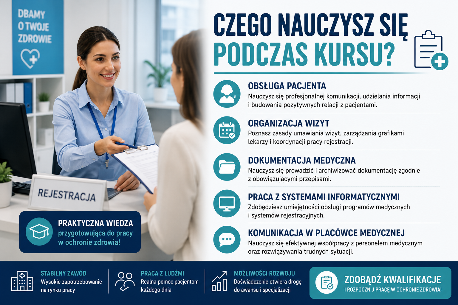 Kurs Rejestratorka Medyczna w Zabrzu – nauka obsługi pacjenta, organizacji wizyt, prowadzenia dokumentacji medycznej oraz pracy z systemami informatycznymi wykorzystywanymi w placówkach ochrony zdrowia.