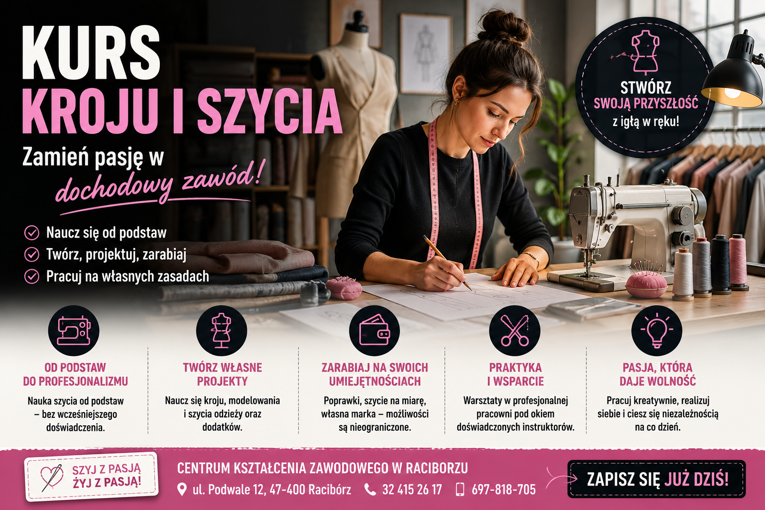 Kurs kroju i szycia w Raciborzu – nauka szycia od podstaw, projektowanie ubrań, wykonywanie poprawek krawieckich oraz zdobycie praktycznych umiejętności potrzebnych do pracy w zawodzie krawca.