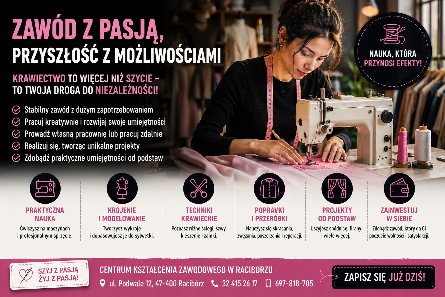 Kurs kroju i szycia w Raciborzu – nauka szycia od podstaw, projektowanie odzieży, modelowanie wykrojów i praktyczne umiejętności krawieckie.