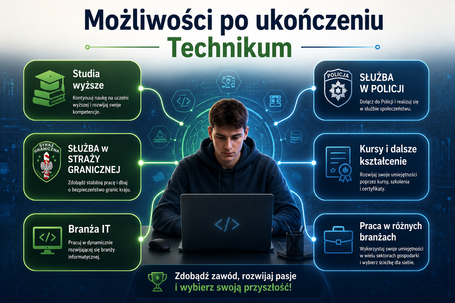 Możliwości po ukończeniu Technikum w Żywcu ZDZ w Katowicach. Technik informatyk &ndash; Oddział o profilu mundurowym (OPM)