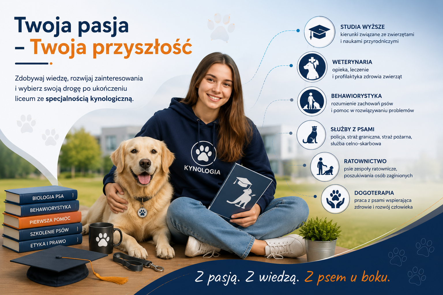 Możliwości po ukończeniu Liceum Og&oacute;lnokształcącego ze specjalnością kynologiczną &ndash; studia wyższe, weterynaria, behawiorystyka, dogoterapia, ratownictwo oraz służby z psami.