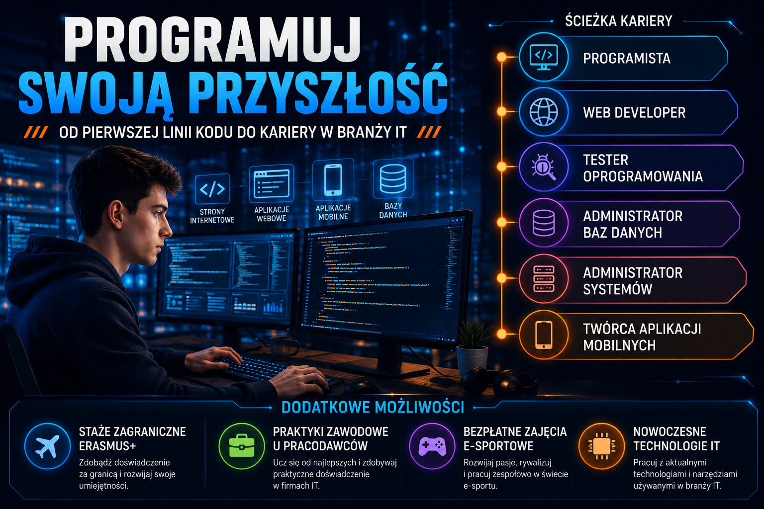 Technik Programista w Sosnowcu – ścieżka kariery w IT, programowanie aplikacji, web development, bazy danych, praktyki zawodowe i nowoczesne technologie informatyczne.