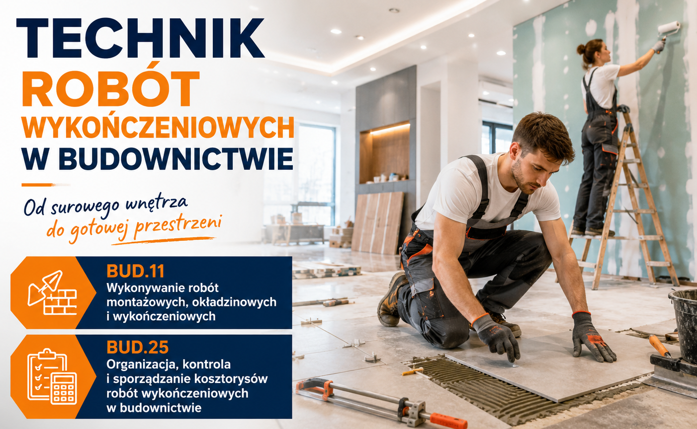 Nauka w Technikum w Olkuszu ZDZ w Katowicach w zawodzie Technik robót wykończeniowych w budownictwie.