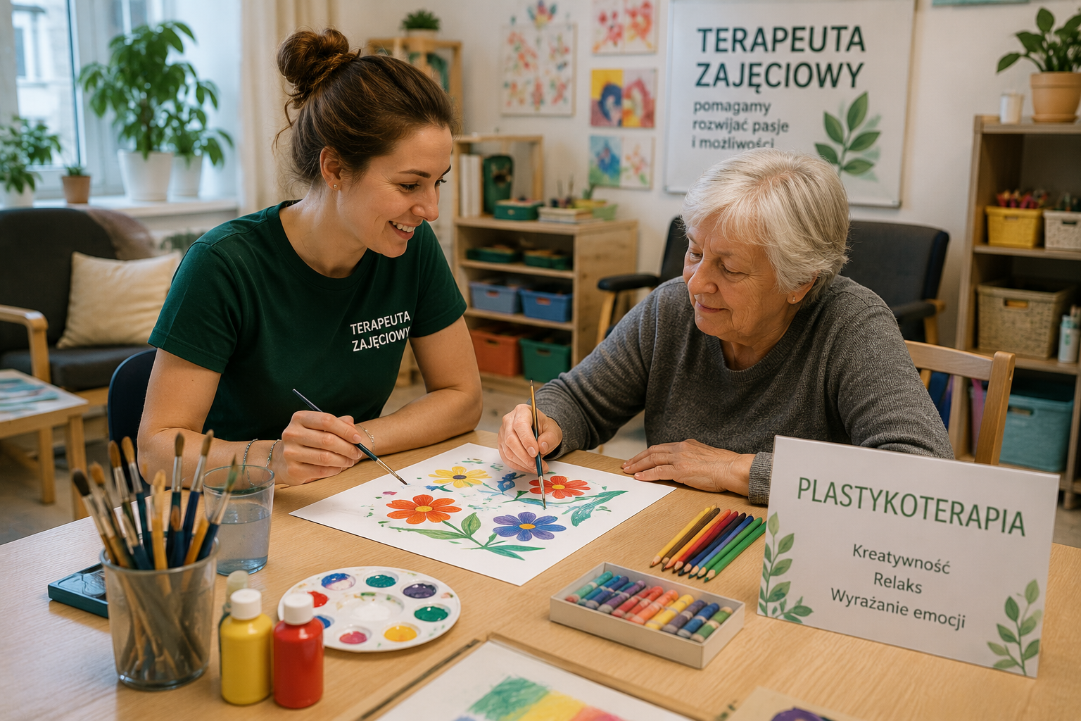 Słuchaczka szkoły na kierunku terapeuta zajęciowy prowadzi zajęcia z arteterapii z seniorem w pracowni terapeutycznej