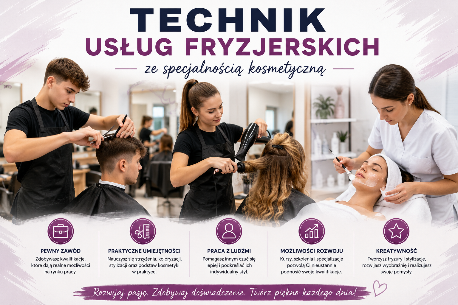 Technik usług fryzjerskich ze specjalnością kosmetyczną &ndash; Technikum w Częstochowie ZDZ w Katowicach, praktyczna nauka fryzjerstwa i kosmetyki