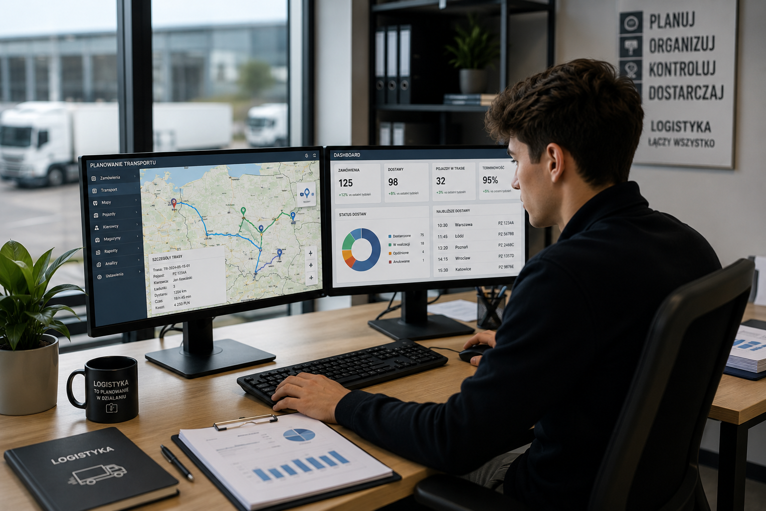 Absolwent kierunku technik logistyk ZS Cieszyn planujący trasę transportu w zintegrowanym systemie komputerowym