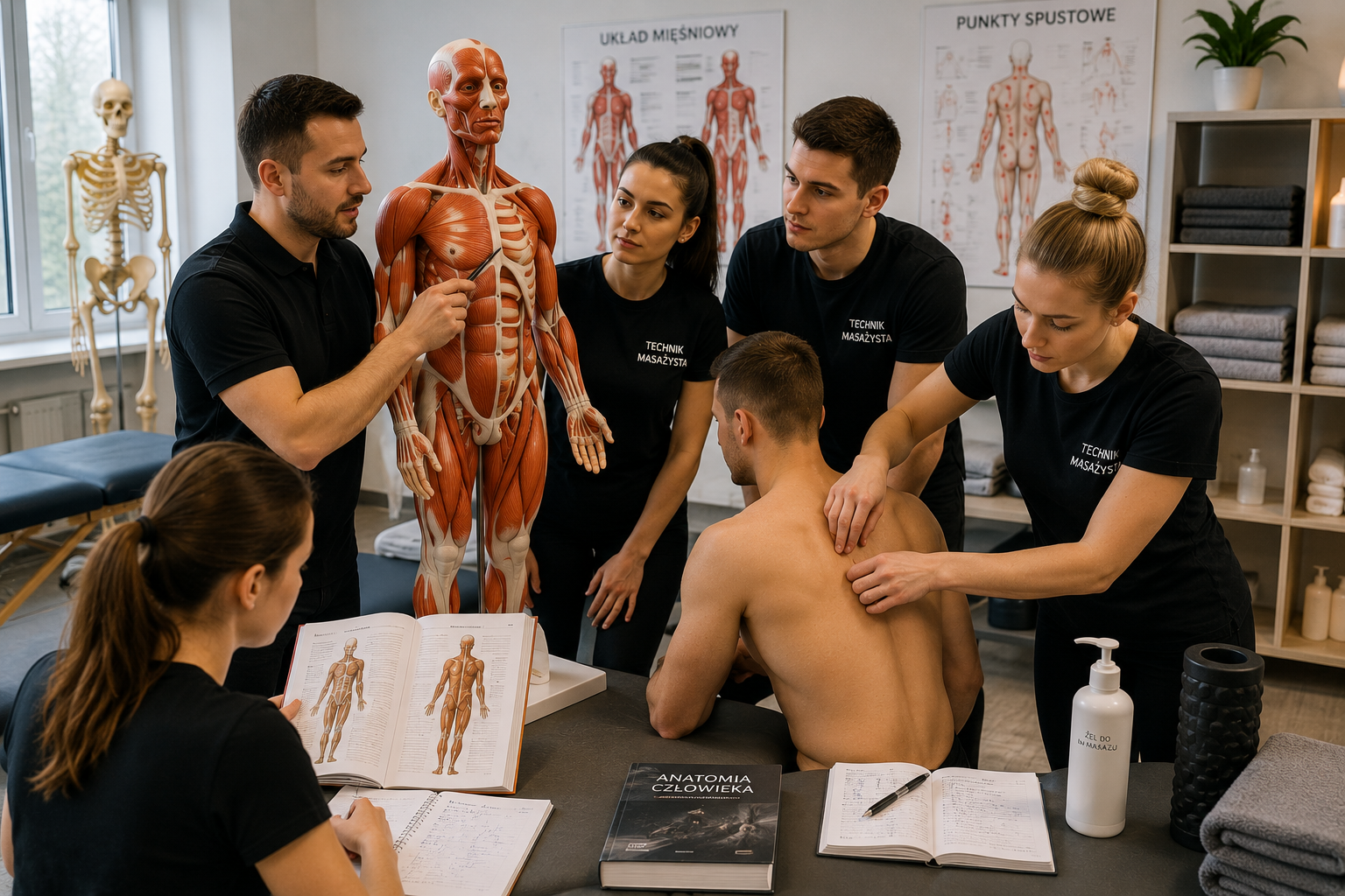 Słuchacze kierunku technik masażysta podczas zajęć z anatomii i nauki lokalizacji mięśni w profesjonalnej pracowni dydaktyczne