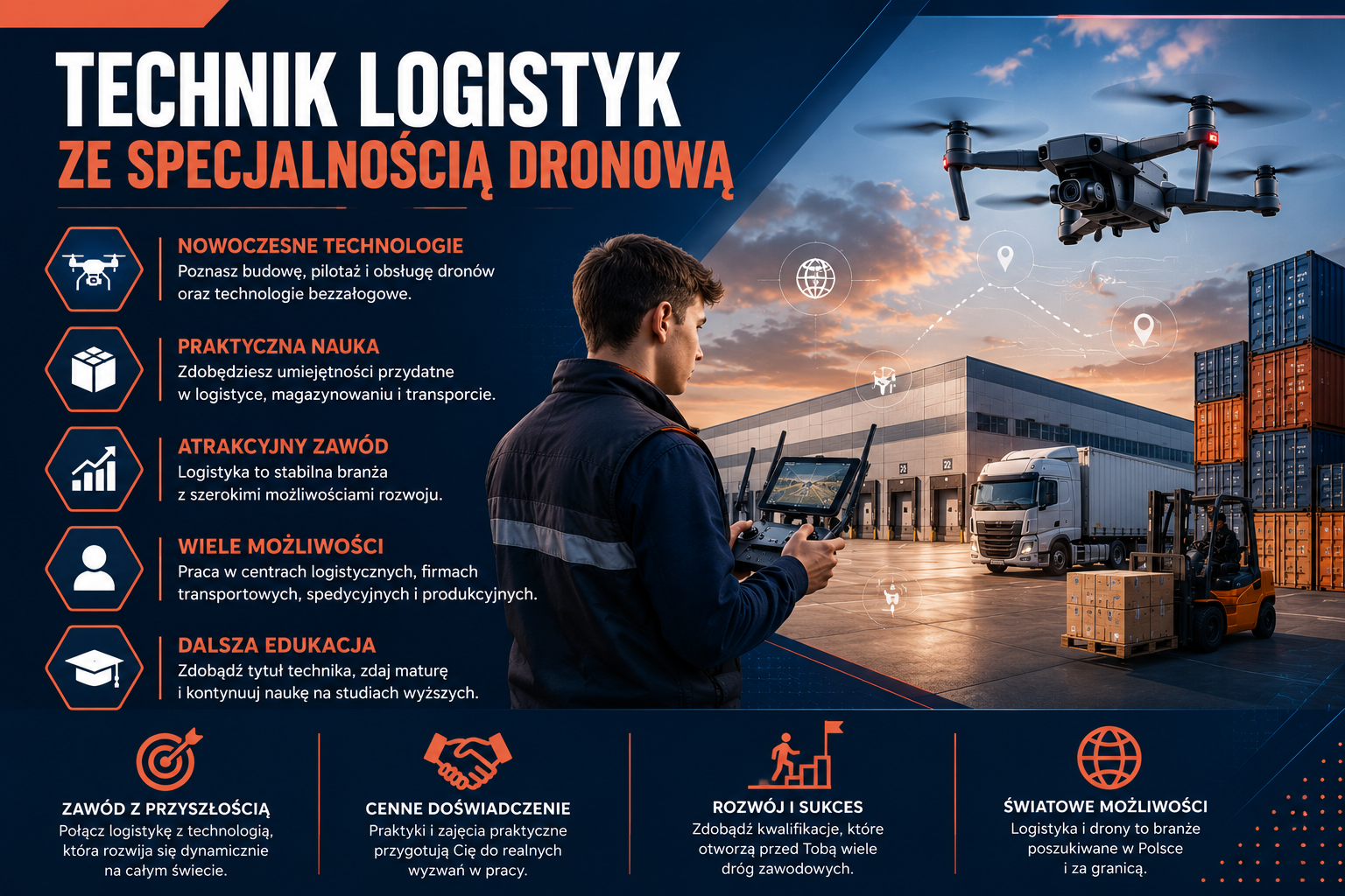 Technik logistyk ze specjalnością dronową – możliwości po ukończeniu nauki i perspektywy rozwoju zawodowego.
