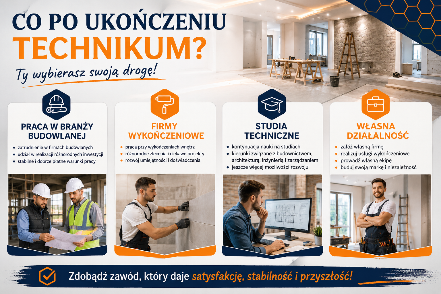 Możliwości po ukończeniu Technikum w Olkuszu ZDZ w Katowicach w zawodzie Technik robót wykończeniowych w budownictwie.