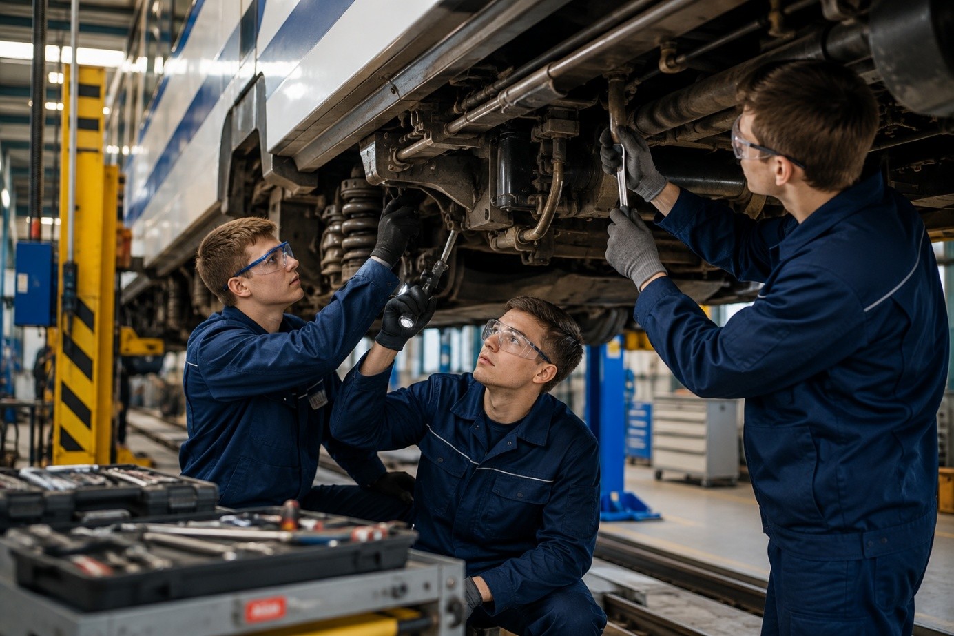 Uczniowie kierunku mechanik pojazdów kolejowych podczas montażu i naprawy elementów taboru