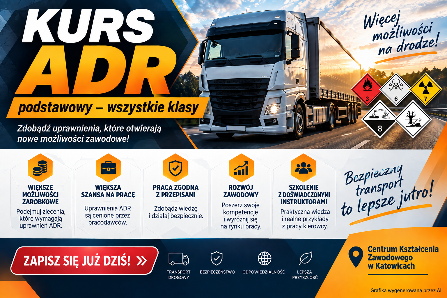 Kurs ADR podstawowy – wszystkie klasy w Katowicach, szkolenie w Centrum Kształcenia Zawodowego w Katowicach (CKZ Katowice), uprawnienia ADR dla kierowców i większe możliwości zawodowe.