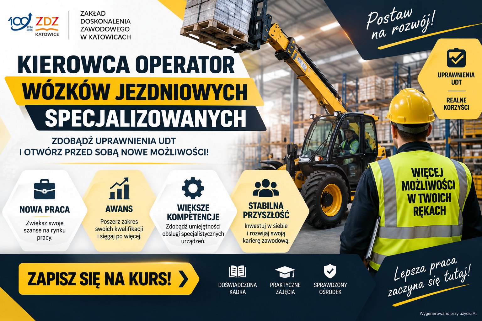 Kierowca operator wózków jezdniowych specjalizowanych – kurs, uprawnienia UDT i możliwości rozwoju zawodowego, Ośrodek Kształcenia Zawodowego w Dąbrowie Górniczej ZDZ w Katowicach