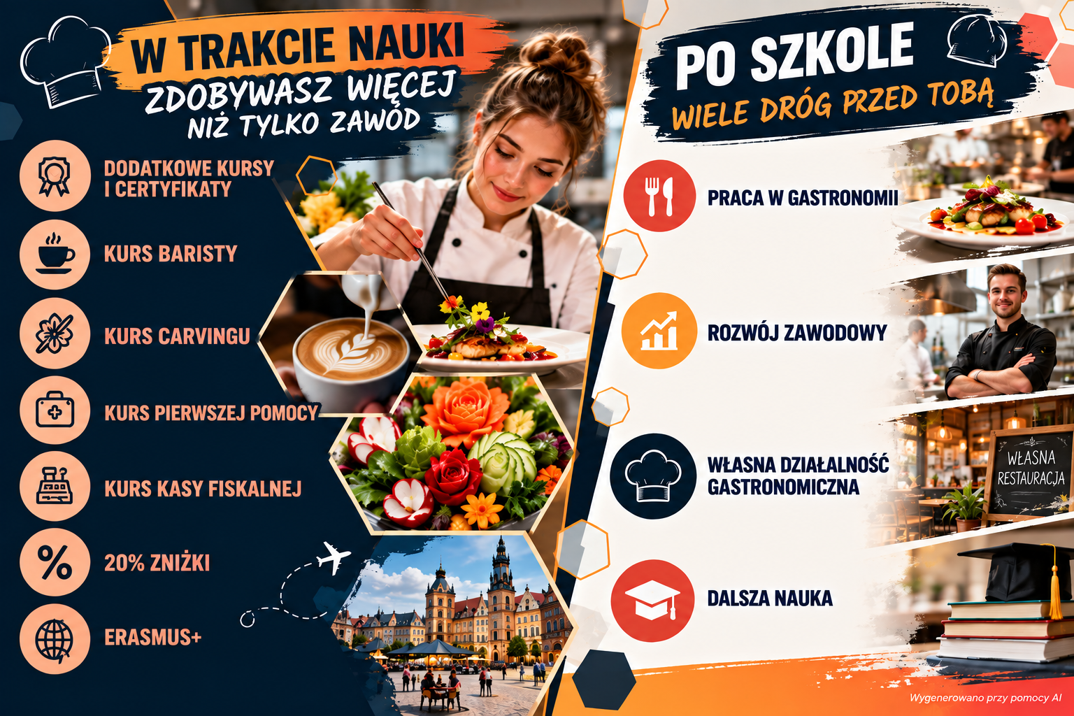 Branżowa Szkoła II Stopnia im. Mikołaja Kopernika w Sosnowcu ZDZ w Katowicach – technik żywienia i usług gastronomicznych, dodatkowe kursy i certyfikaty, Erasmus+, praca w gastronomii, rozwój zawodowy, własna działalność gastronomiczna i dalsza nauka.