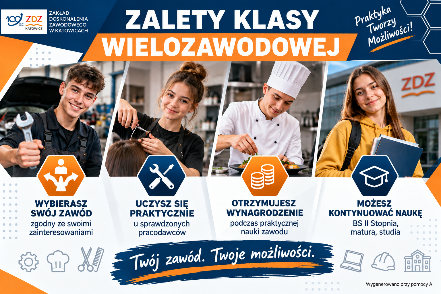 Branżowa Szkoła I Stopnia w Sosnowcu ZDZ w Katowicach – zalety klasy wielozawodowej, wybór zawodu, praktyczna nauka u pracodawcy, wynagrodzenie i możliwość kontynuowania nauki.