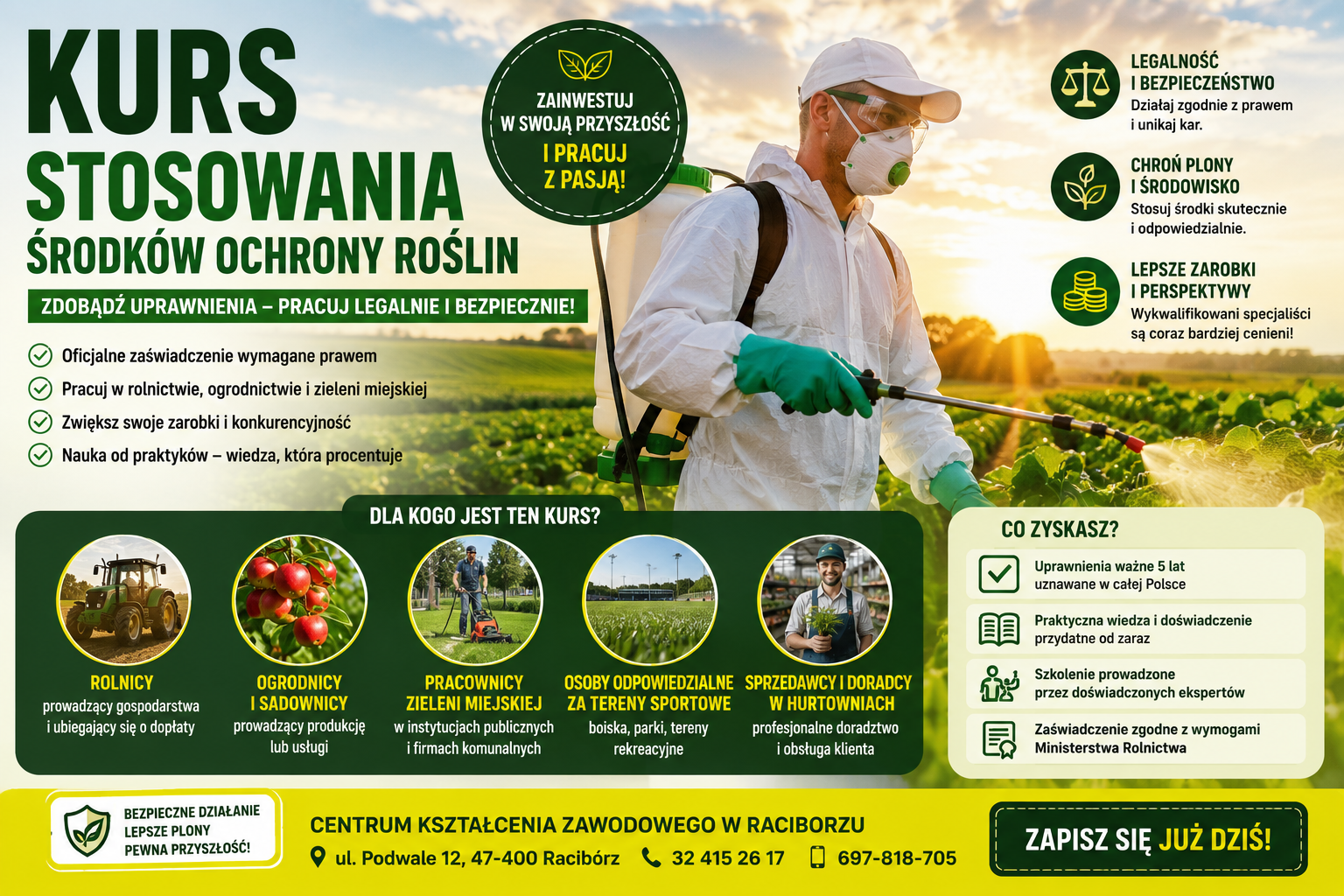 Kurs środków ochrony roślin w Raciborzu – legalne uprawnienia do wykonywania oprysków, szkolenie dla rolników, ogrodników i pracowników zieleni miejskiej. Zdobądź kwalifikacje wymagane przepisami i zwiększ swoje możliwości zawodowe.