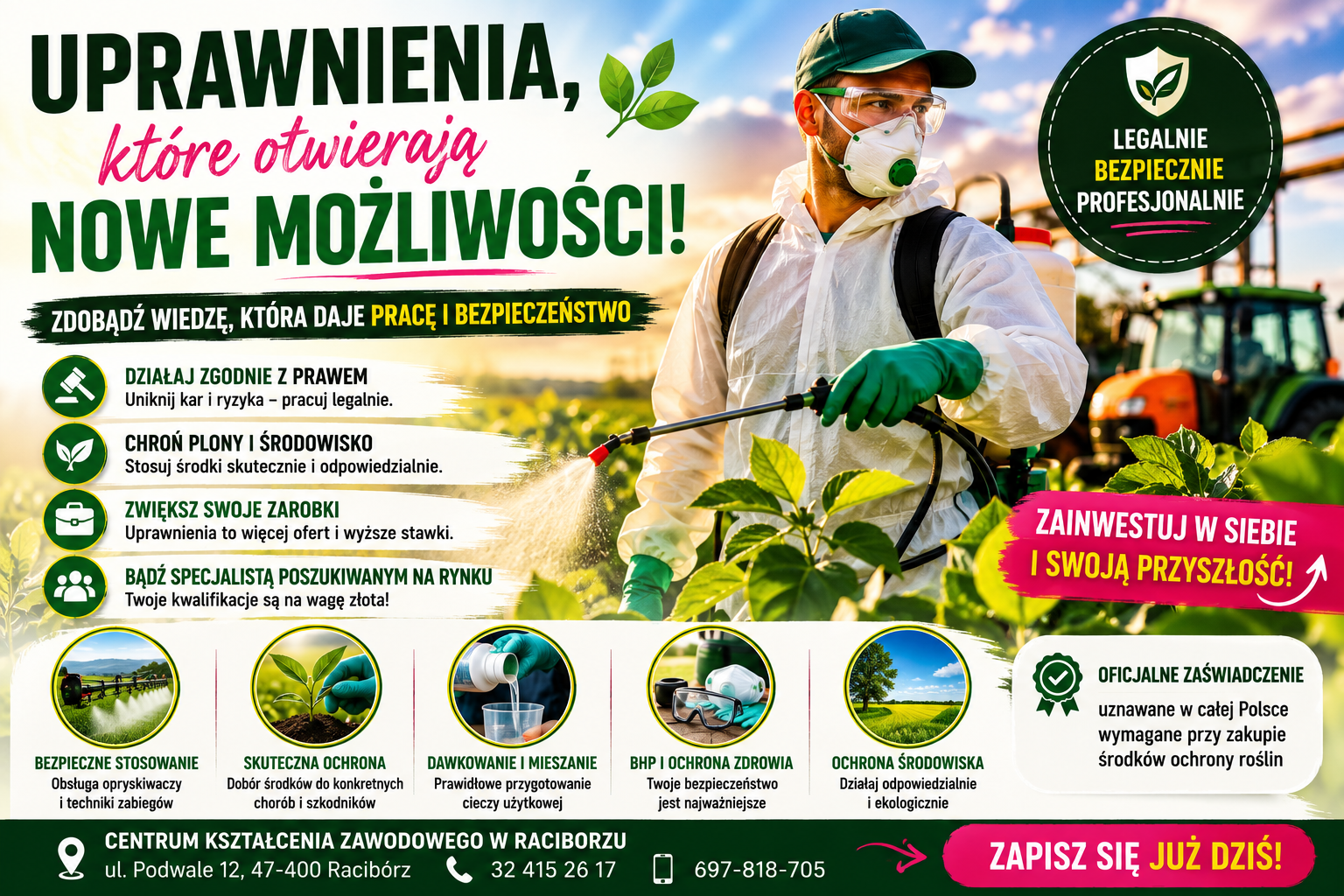 Kurs stosowania środków ochrony roślin w Raciborzu - obsługa opryskiwaczy, bezpieczne wykonywanie zabiegów, dobór preparatów i zdobycie oficjalnych uprawnień wymaganych w rolnictwie, sadownictwie i ogrodnictwie.