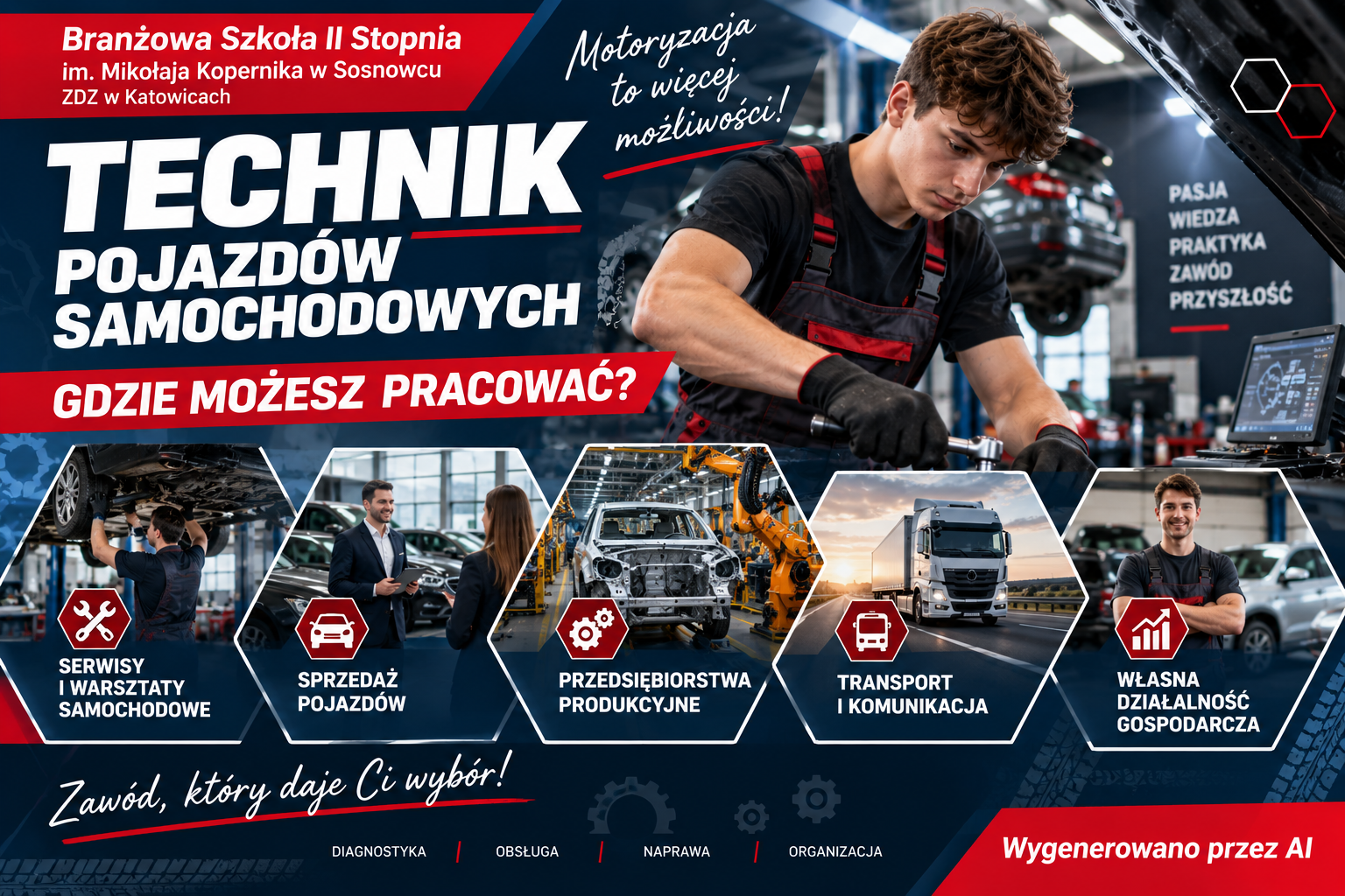 Branżowa Szkoła II Stopnia w Sosnowcu ZDZ w Katowicach – technik pojazdów samochodowych i możliwości pracy w serwisach i warsztatach samochodowych, sprzedaży pojazdów, przedsiębiorstwach produkcyjnych, transporcie oraz własnej działalności gospodarczej.