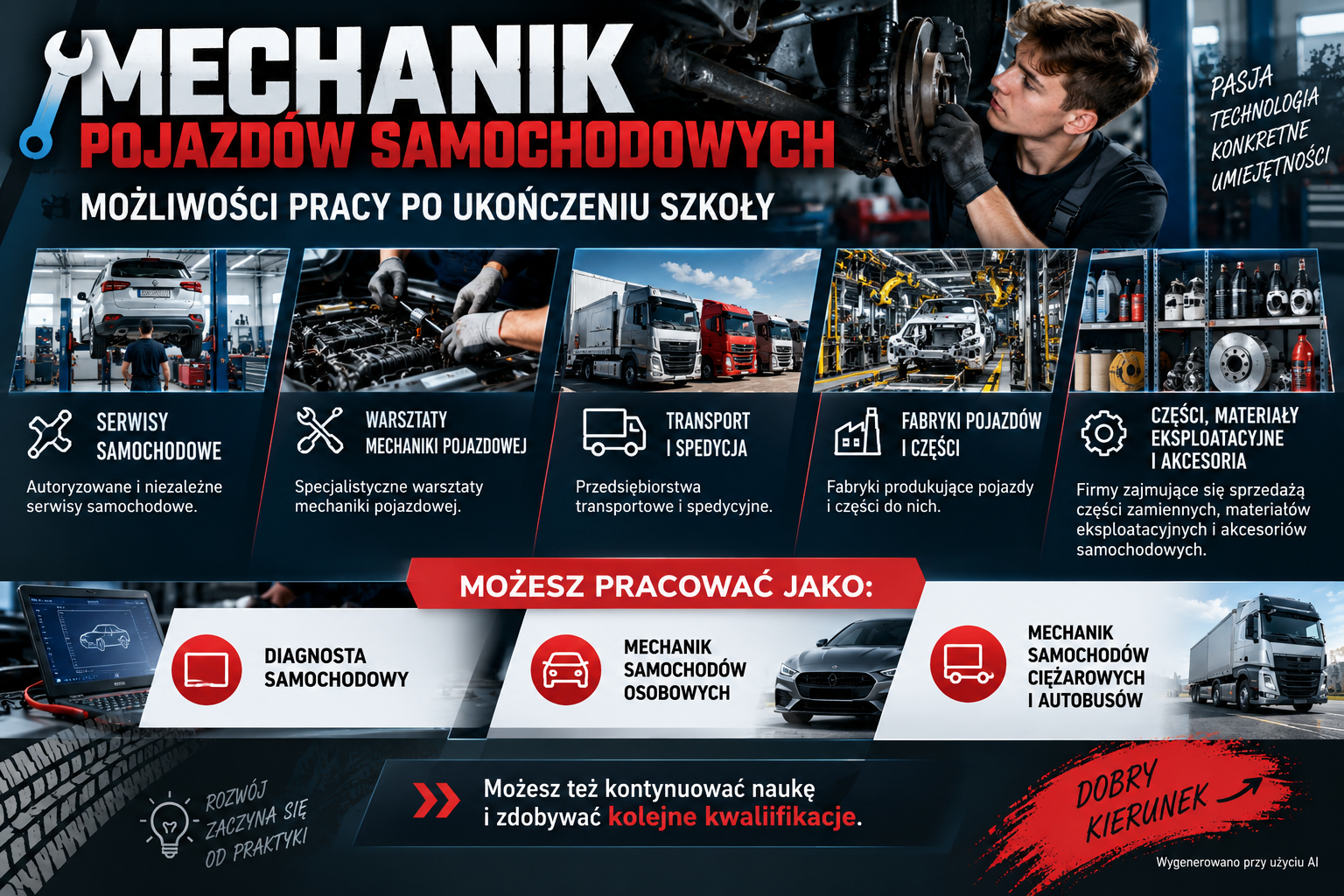 Branżowa Szkoła I Stopnia im. Mikołaja Kopernika w Sosnowcu ZDZ w Katowicach – mechanik pojazdów samochodowych i możliwości pracy w serwisach, warsztatach, transporcie, produkcji pojazdów i sprzedaży części samochodowych.