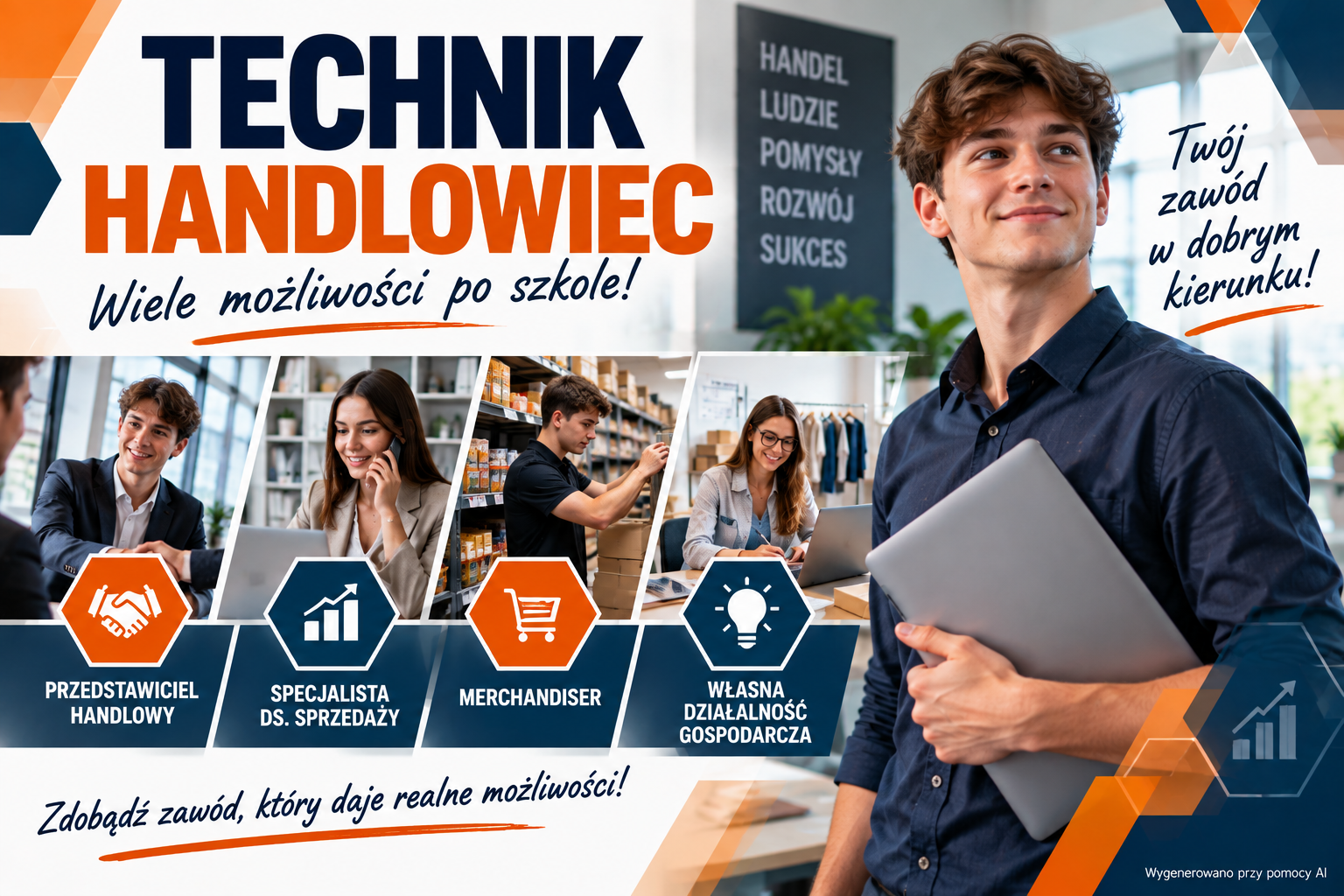 Technik handlowiec – Branżowa Szkoła II Stopnia im. Mikołaja Kopernika w Sosnowcu ZDZ w Katowicach – możliwości pracy jako przedstawiciel handlowy, specjalista ds. sprzedaży, merchandiser oraz prowadzenia własnej działalności gospodarczej.