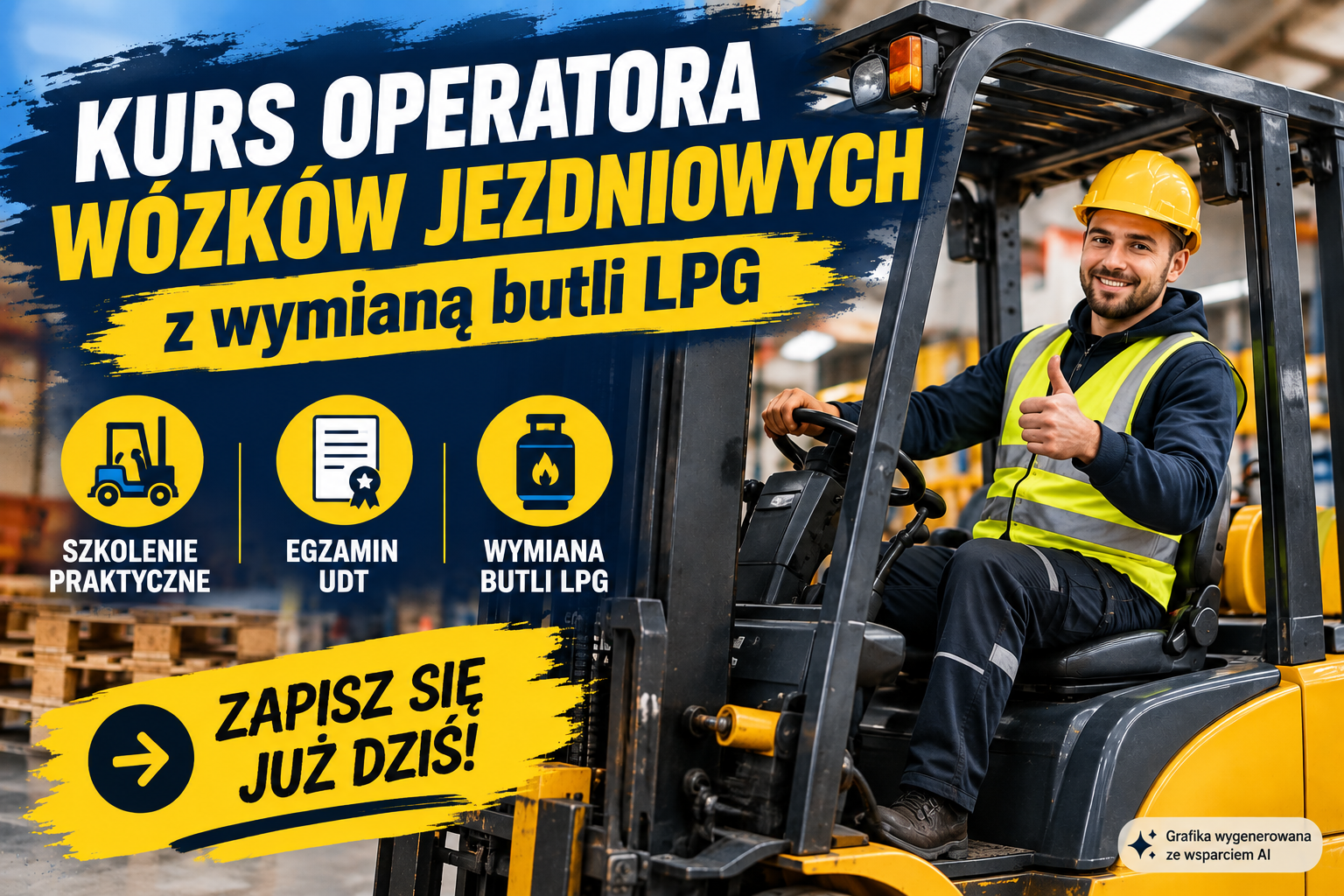 Kurs operatora w&oacute;zk&oacute;w jezdniowych z wymianą butli LPG &ndash; Centrum Kształcenia Zawodowego w Chorzowie, ZDZ w Katowicach, szkolenie praktyczne i egzamin UDT.