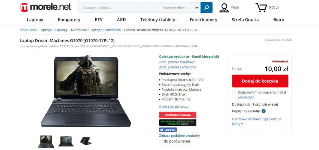 W morele.net zamówiono 2000 laptopów po 10 złotych. Czy sklep ma obowiązek wydać sprzedany towar?