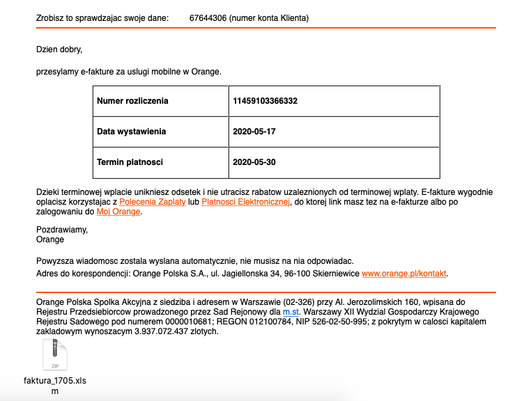fałszywy e-mail od orange faktura zdjęcie
