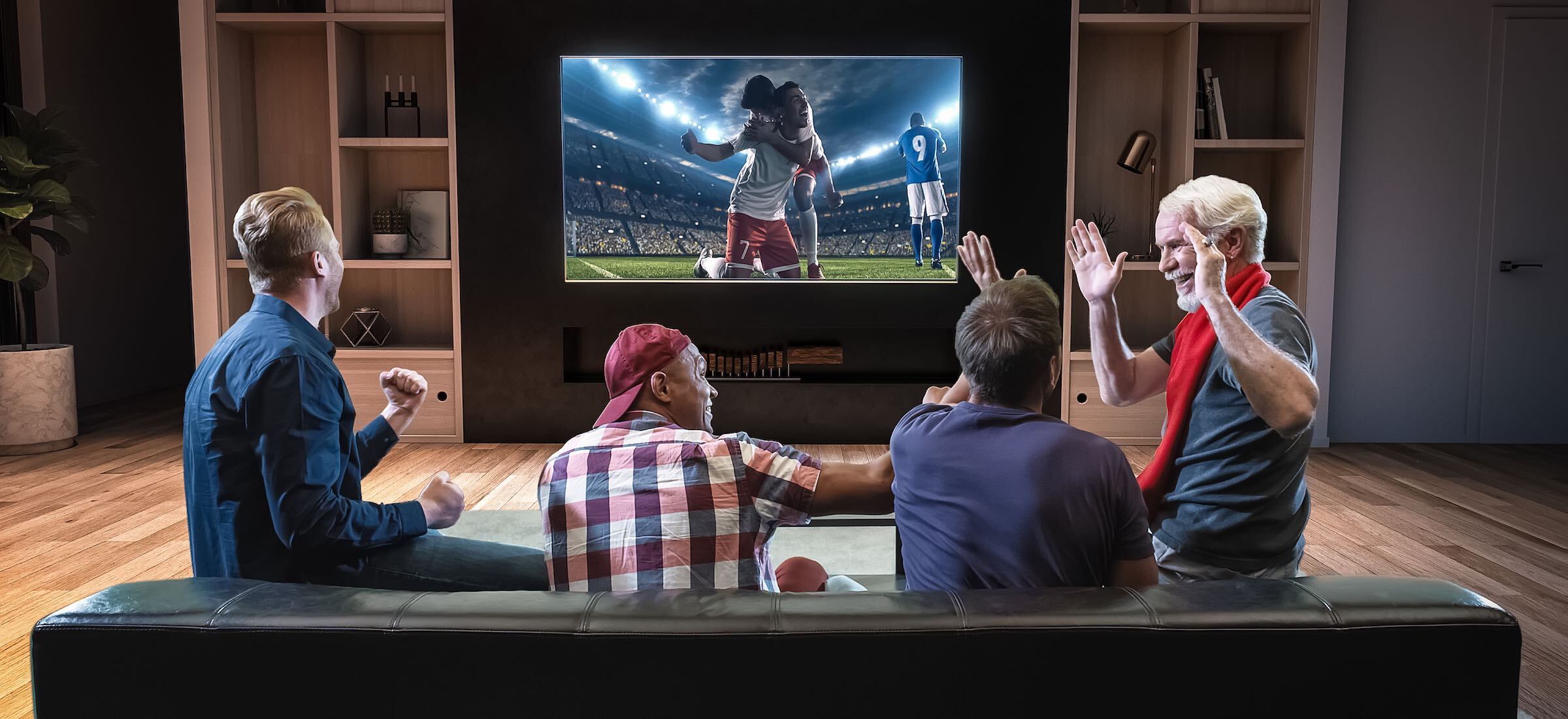 Group of fans are watching a soccer moment on the TV and celebrating a goal, sitting on the couch in the living room. The living room is made in 3D.