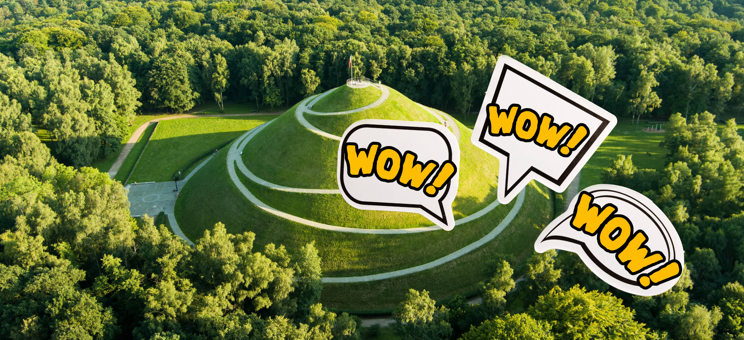 Aerial view of the famous Pilsudski's Mound in a sunny summer day, an artificial mound located in the western part of Krakow, on the Sowiniec Heights. Also known as Freedom or Independence Mound.