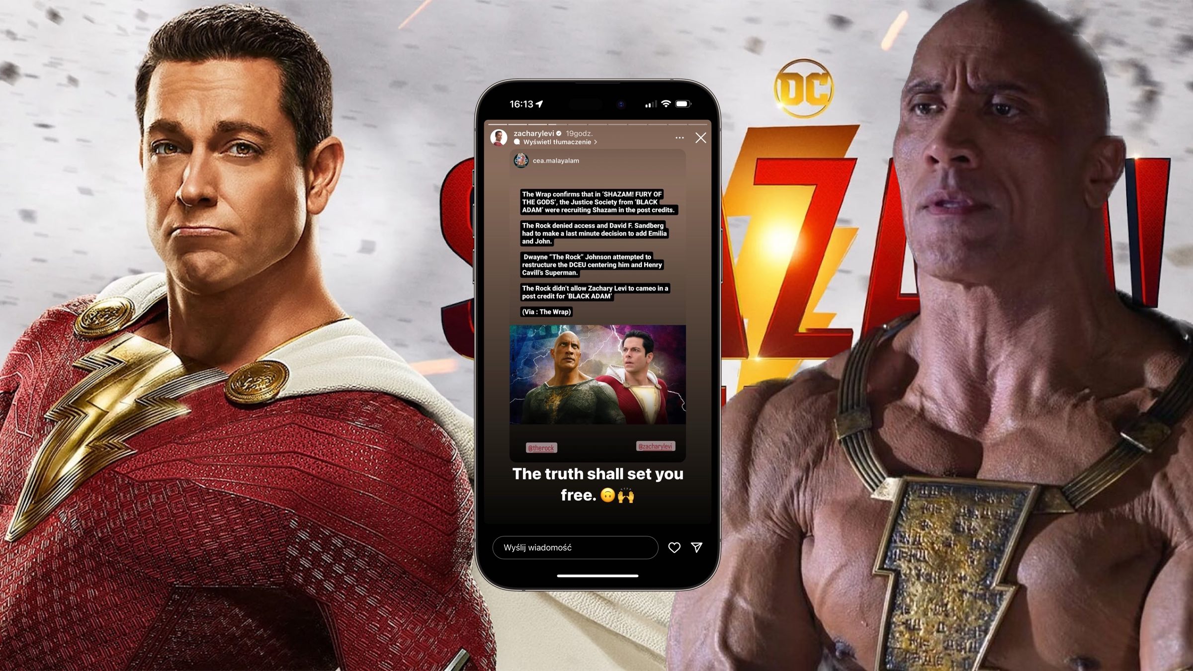Zachary Levi kontra The Rock, Shazam vs Black Adam. Instagram Stories, screenshot
