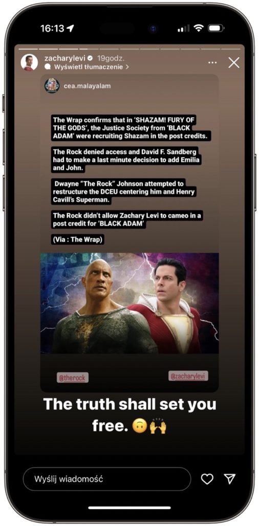 zachary levi instagram stories the rock dwayne johnson shazam black adam cameo zachary levi instagram screenshot class="wp-image-2341306" 