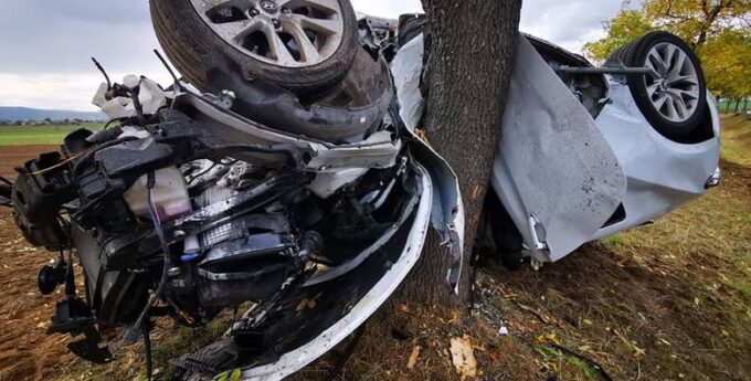 Samochód owinął się wokół drzewa – kierowca z auta wyszedł o własnych siłach
