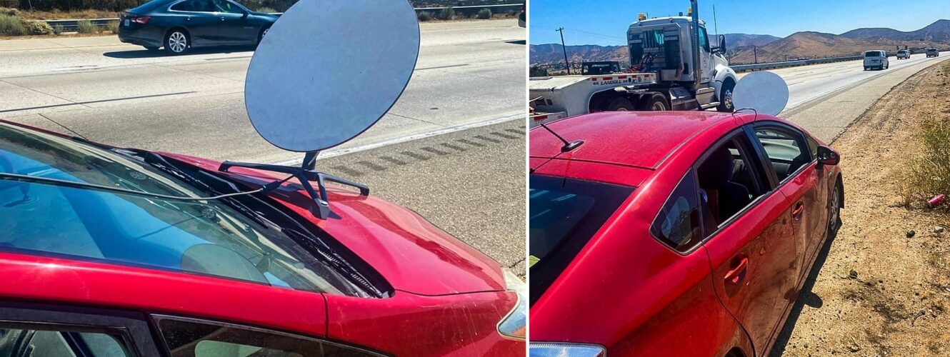 Kierowca Toyoty jechał z anteną satelitarną do Internetu ze Starlinków Elona Muska