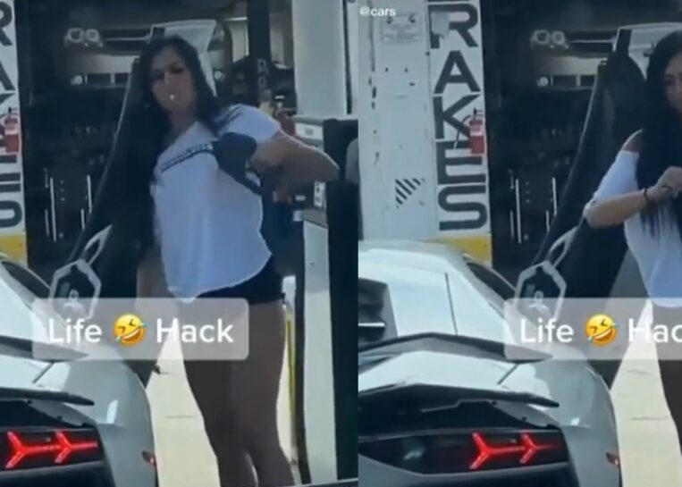Bogata panienka tankuje Lamborghini Aventador