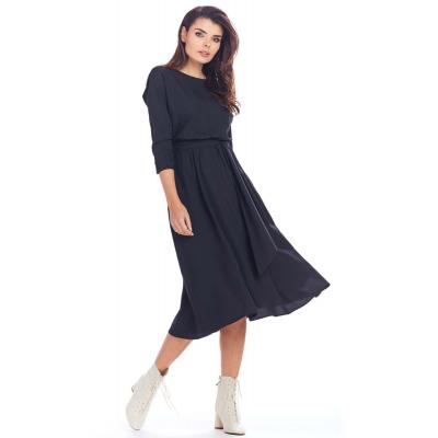 czarna rozkloszowana midi sukienka z szerokim paskiem