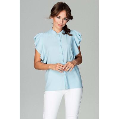 Błękitna koszulowa bluzka z falbankowym rękawem