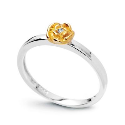 Staviori pierścionek. 1 diament, szlif brylantowy, masa 0,01 ct., barwa h, czystość i1. białe złoto 0,585.  pokryte żółtym złotem średnica korony ok. 5 mm. szerokość obrączki ok. 2 mm.