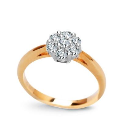 Staviori pierścionek. 7 diamentów, szlif brylantowy, masa 0,25 ct., barwa h, czystość si2. żółte, białe złoto 0,585. średnica korony ok. 7 mm. wysokość 3 mm.
