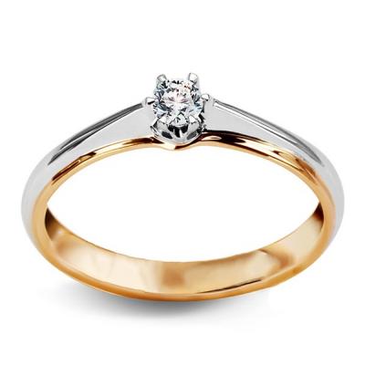 Staviori pierścionek. 1 diament, szlif brylantowy, masa 0,10 ct., barwa i, czystość si1-si2. żółte, białe złoto 0,585. średnica korony ok. 3 mm.